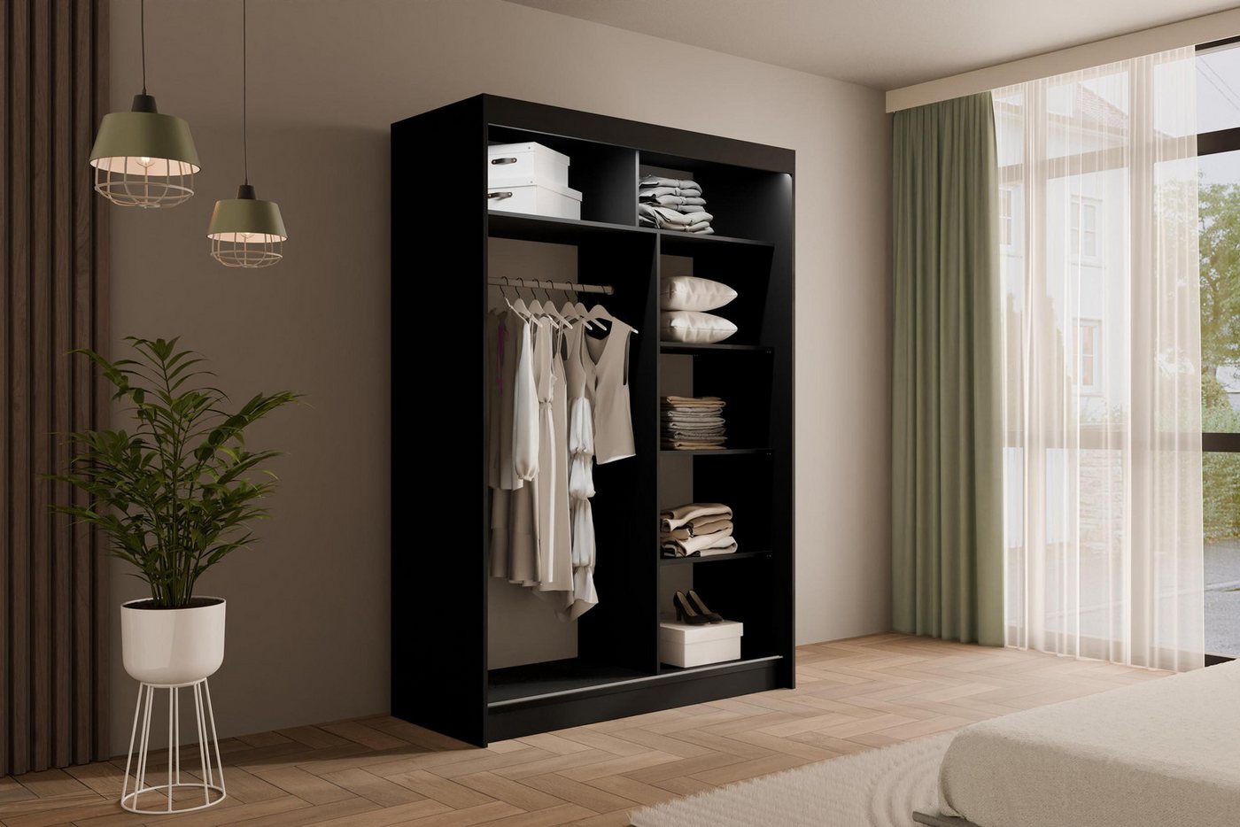 ALTDECOR Schiebetürenschrank AMOHA (Kleiderschrank Garderobenschrank mit viel Stauraum Moderner Schrank) Spiegel Spiegeltüren Vielseitiger Schwebetürenschrank LED Beleuchtung Bild 4