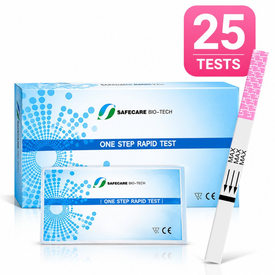 Safecare Bio-Tech Ovulationstest 25 Ovulationstest - Fruchtbarkeitstest Für Frauen, 25mlu/ml, Striefentest für Urin Luteinisierendes Hormon (LH), 25-tlg., Ovulationstest, Schnelles Ergebnis, einfache Handhabung, hohe Genauigkeit