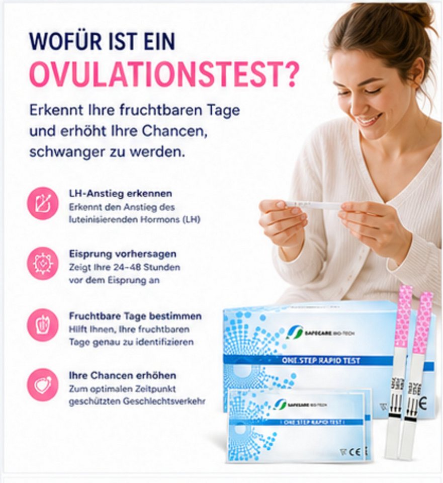 Safecare Bio-Tech Ovulationstest 25 Ovulationstest - Fruchtbarkeitstest Für Frauen, 25mlu/ml, Striefentest für Urin Luteinisierendes Hormon (LH), 25-tlg., Ovulationstest, Schnelles Ergebnis, einfache Handhabung, hohe Genauigkeit Bild 5