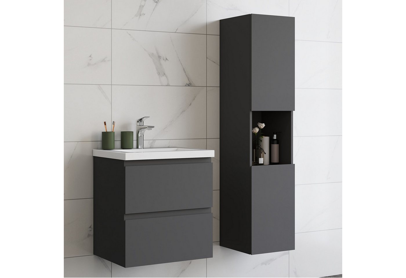 duschspa Badmöbel-Set Waschtisch mit Keramikbecken und Hochschrank 83/110/131.5cm, 50/60/80/100/120cm Matt, Hochglanz Badset mit Softclose Bild 3