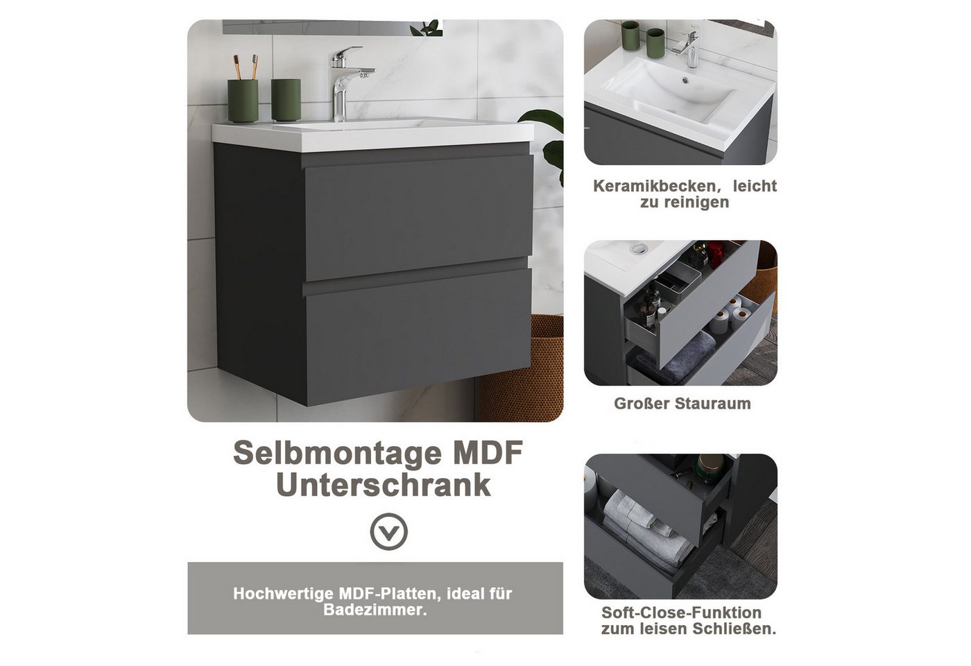 duschspa Badmöbel-Set Waschtisch mit Keramikbecken und Hochschrank 83/110/131.5cm, 50/60/80/100/120cm Matt, Hochglanz Badset mit Softclose Bild 5