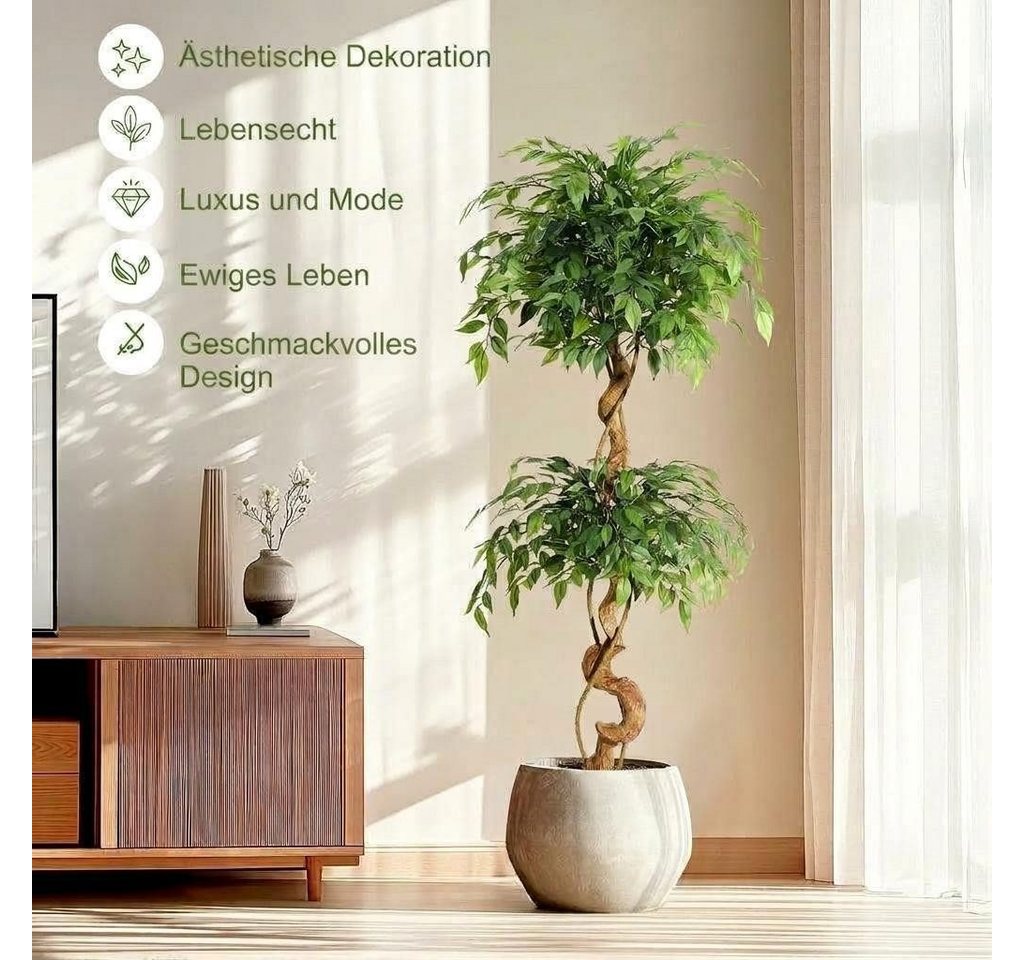 Kunstpflanze 1.5/1.8m Ficus Benjamini Ficusbaum mit Topf, Hausprofi, Höhe 150 cm, Birkenfeige mit Echtholzstamm, pflegeleicht & immergrün
