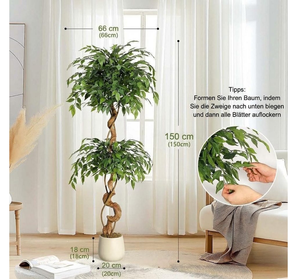 Kunstpflanze 1.5/1.8m Ficus Benjamini Ficusbaum mit Topf, Hausprofi, Höhe 150 cm, Birkenfeige mit Echtholzstamm, pflegeleicht & immergrün Bild 5