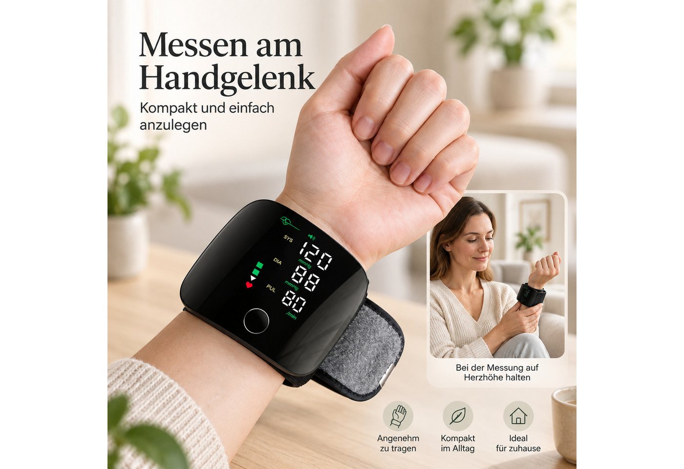 HS.SUPPLY Blutdruckmessgerät Handgelenk-Blutdruckmessgerät mit Sprachausgabe, Messwertspeicher, 1 Messgerät mit Manschette und Zubehör, Sprachausgabe, 2 Benutzerprofile mit je 99 Speicherplätzen