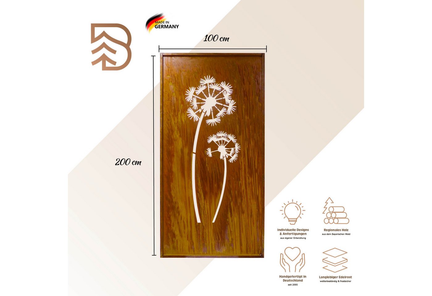 BADEKO Sichtschutzelement Sichtschutz Paravent Pusteblume 200x100cm Edelrost/Cortenstahloptik Bild 3