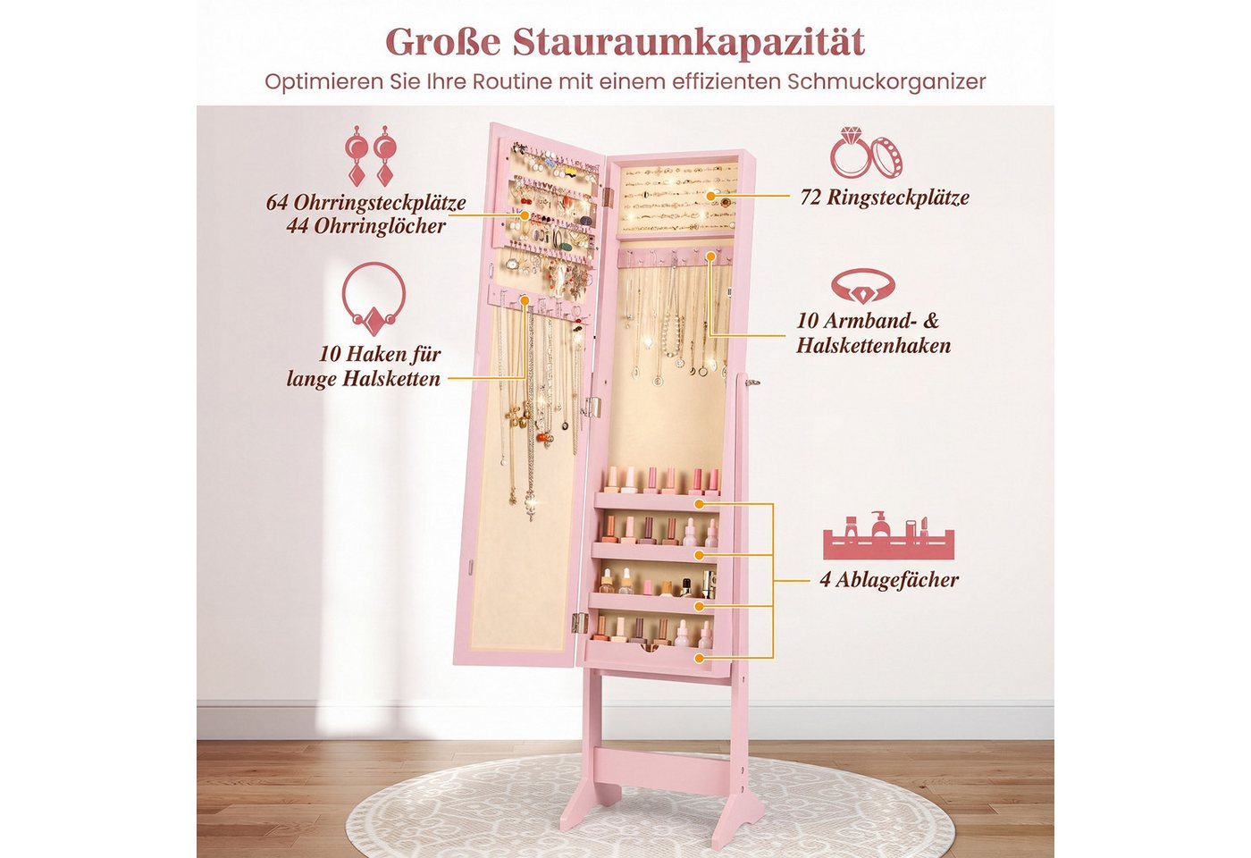 COSTWAY Schmuckregal mit Ganzkörperspiegel, Schmuckschrank neigbar, Schmuckständer