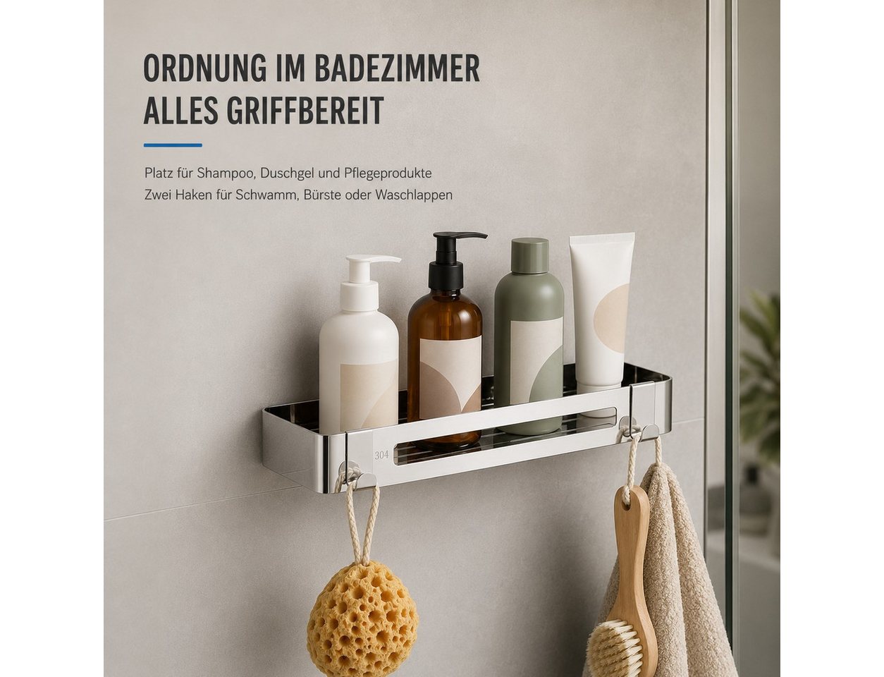 JASLIFE Duschablage 30 cm aus 304 Edelstahl, ohne Bohren, mit 2 Haken