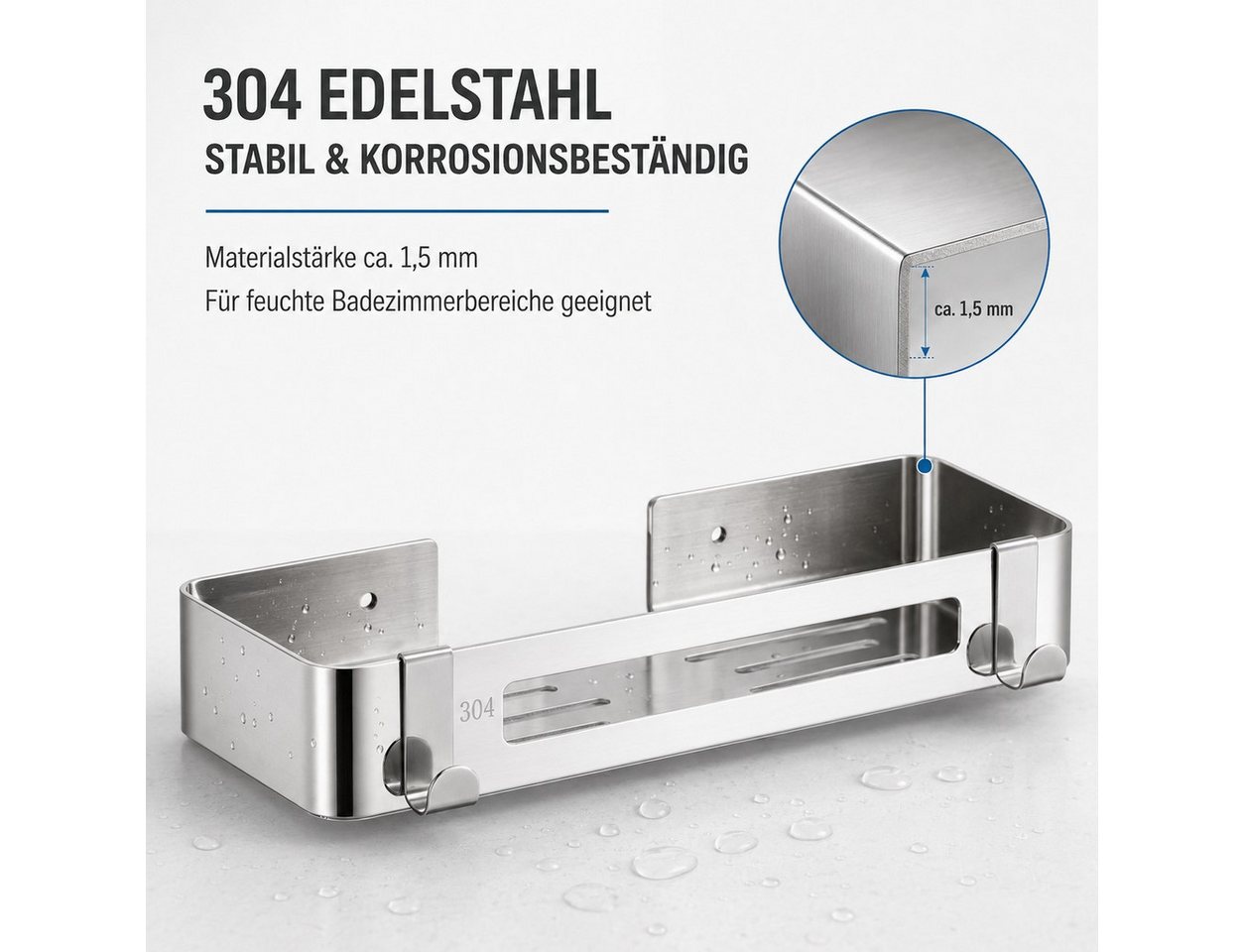 JASLIFE Duschablage 30 cm aus 304 Edelstahl, ohne Bohren, mit 2 Haken Bild 2
