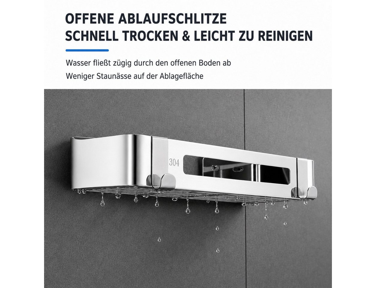 JASLIFE Duschablage 30 cm aus 304 Edelstahl, ohne Bohren, mit 2 Haken Bild 4