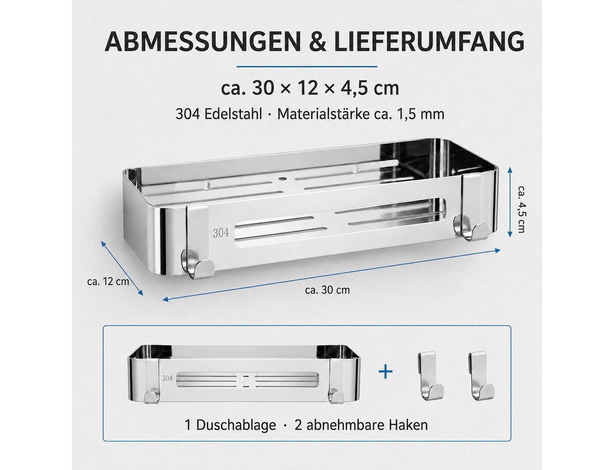 JASLIFE Duschablage 30 cm aus 304 Edelstahl, ohne Bohren, mit 2 Haken Bild 5