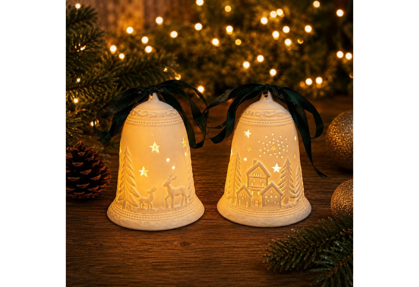 Online-Fuchs LED Dekolicht 2 Glocken aus Keramik mit LED-Beleuchtung - Weihnachtsdeko innen, ausgestanzte Sterne sorgen für ein tolles Lichtspiel, warmweiß oder seichter Farbwechsel wählbar, praktische 6-Stunden Timerfunktion enthalten
