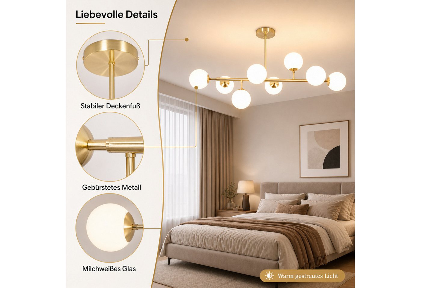 ZMH Deckenleuchte Goldene 8 Köpfe, G9, geeignet für Wohnzimmer, Esszimmer, Schlafzimmer, ohne Leuchtmittel, Ungleichmäßig angeordnet, Glasschirm, ohne Lichtquelle Bild 5