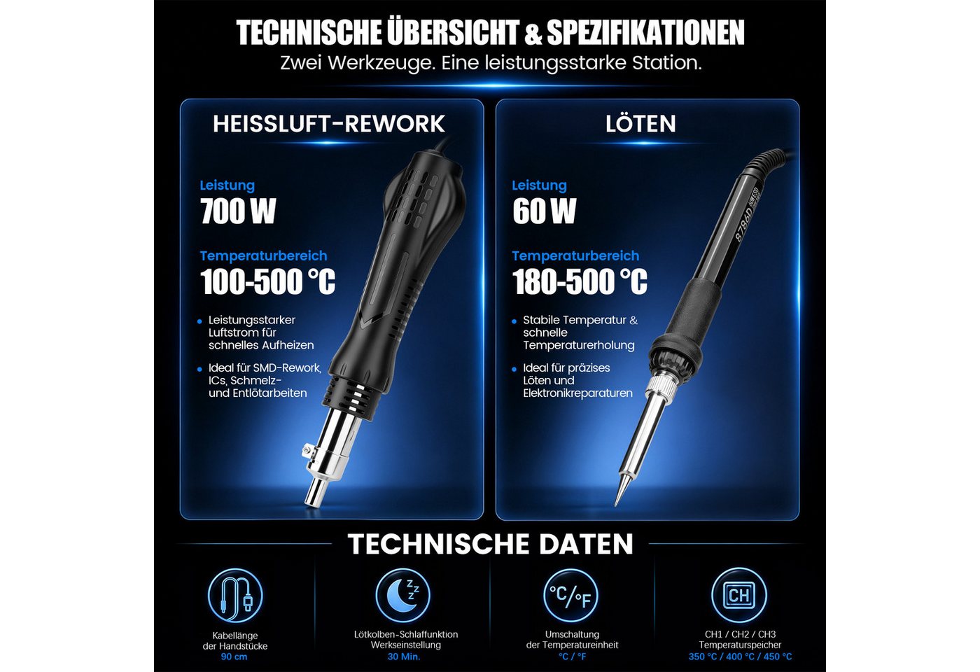 XIIW Lötkolben 700W Heißluft Lötstation & 60W Lötkolben 2-IN-1 100-500℃ PID‑Regelung, max. 760 W, LED Digital Anzeige, 5 Lötspitzen, 2 Luftdüsen, Entlötstation für Das Löten Und Reparieren Von Elektronik
