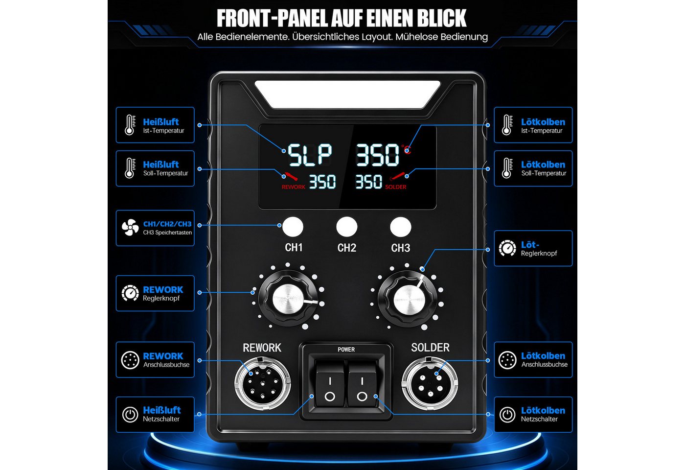 XIIW Lötkolben 700W Heißluft Lötstation & 60W Lötkolben 2-IN-1 100-500℃ PID‑Regelung, max. 760 W, LED Digital Anzeige, 5 Lötspitzen, 2 Luftdüsen, Entlötstation für Das Löten Und Reparieren Von Elektronik Bild 2