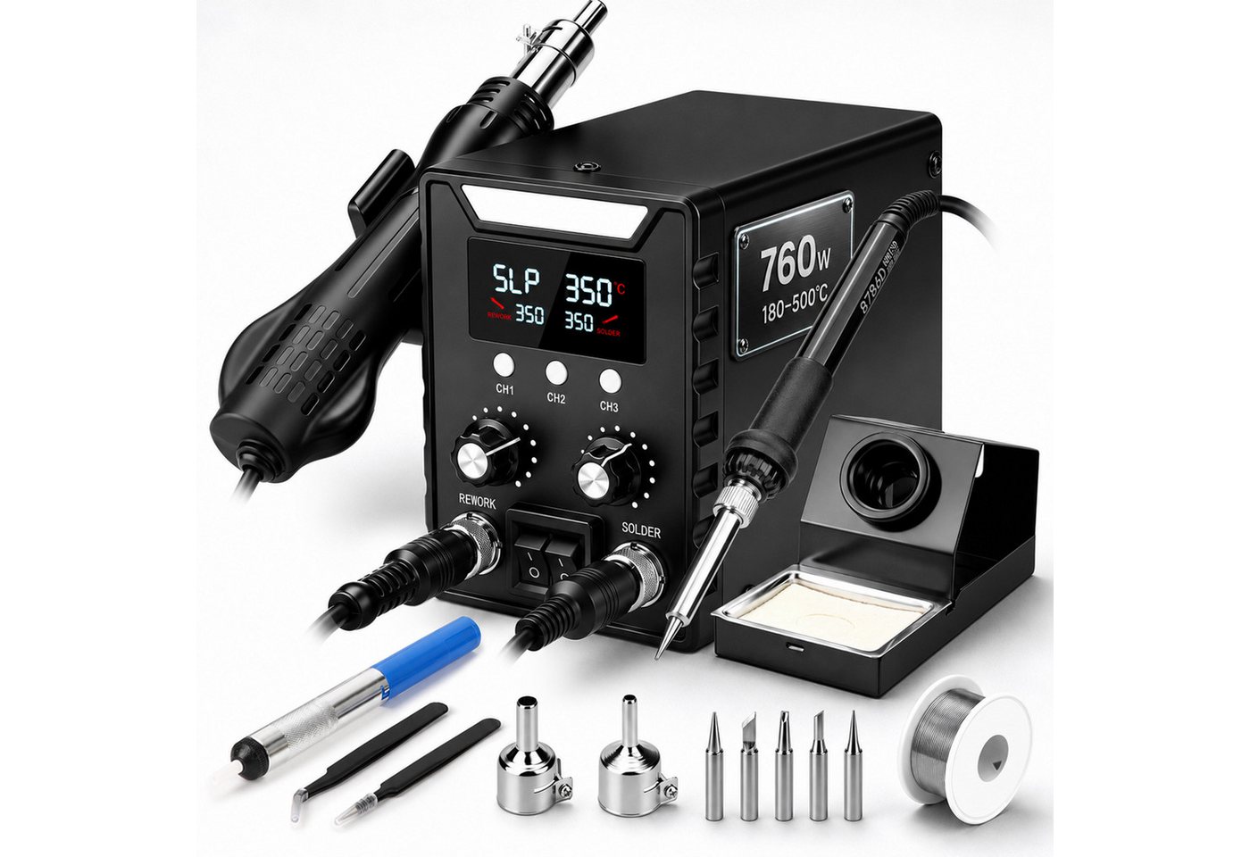 XIIW Lötkolben 700W Heißluft Lötstation & 60W Lötkolben 2-IN-1 100-500℃ PID‑Regelung, max. 760 W, LED Digital Anzeige, 5 Lötspitzen, 2 Luftdüsen, Entlötstation für Das Löten Und Reparieren Von Elektronik Bild 3
