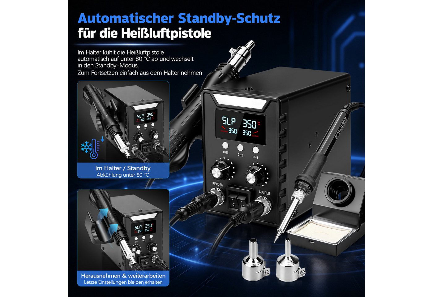 XIIW Lötkolben 700W Heißluft Lötstation & 60W Lötkolben 2-IN-1 100-500℃ PID‑Regelung, max. 760 W, LED Digital Anzeige, 5 Lötspitzen, 2 Luftdüsen, Entlötstation für Das Löten Und Reparieren Von Elektronik Bild 4