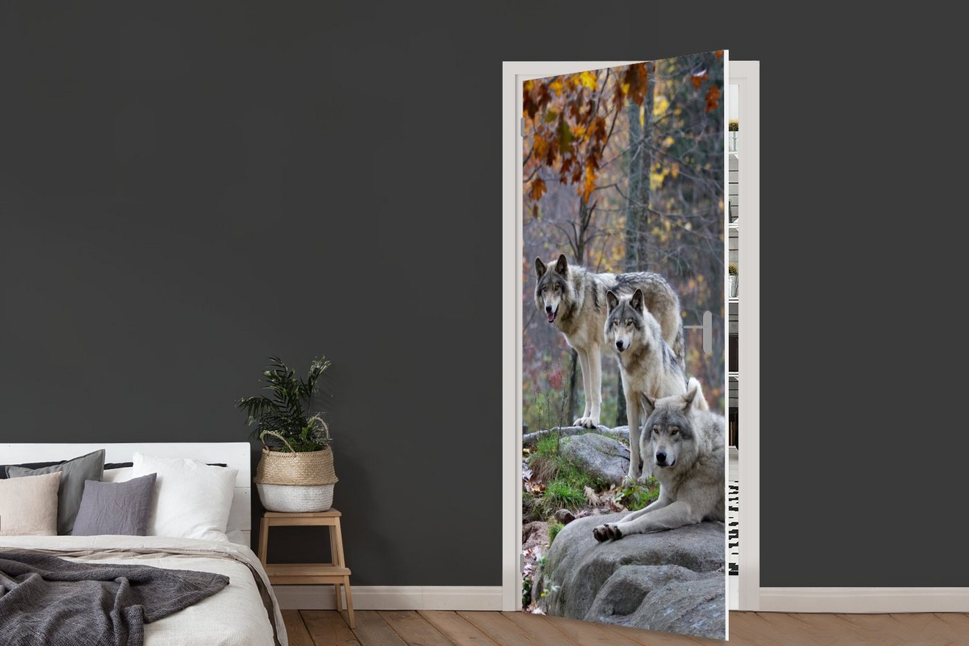MuchoWow Türtapete Wölfe - Fels - Wald, Matt, bedruckt, (1 St), Selbstklebende Tapete, Folie für Möbel, 75x205 cm Bild 4