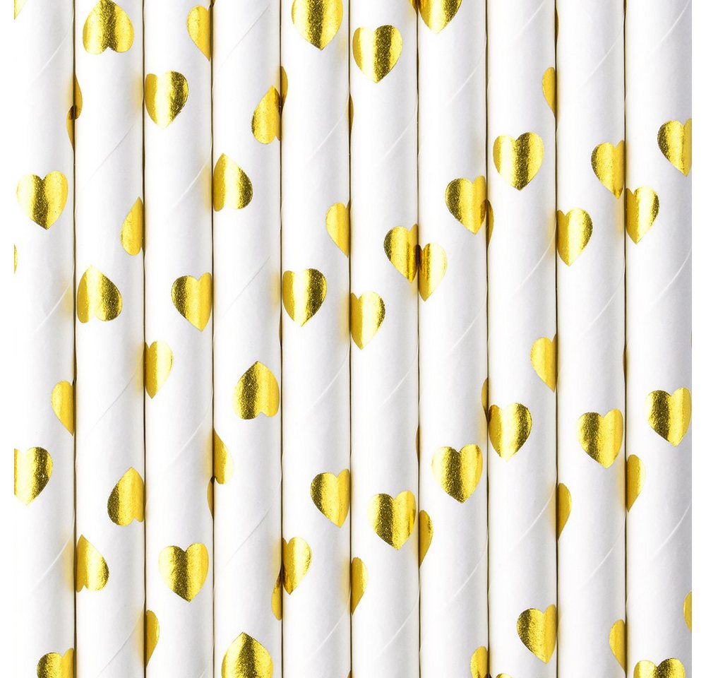 partydeco Trinkhalme, Papierstrohhalme mit Herzen 19cm weiß gold 10er Set