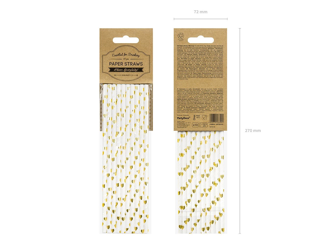 partydeco Trinkhalme, Papierstrohhalme mit Herzen 19cm weiß gold 10er Set Bild 2
