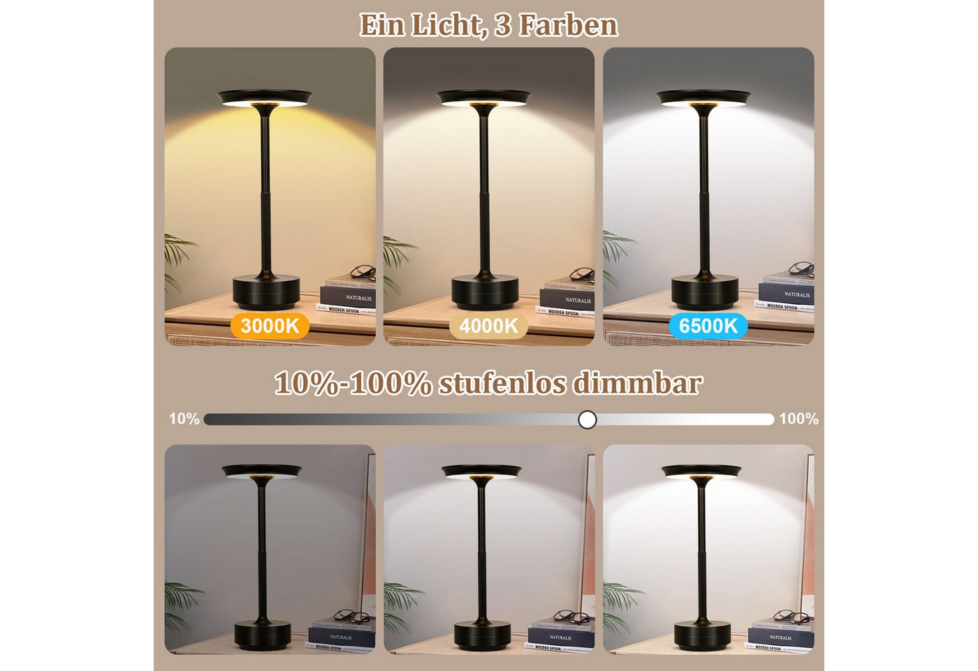 Rosnek LED Tischleuchte Tischlampe Kabellose Dimmbar Leseleuchte, USB Aufladbar, Wasserdichtes, Schwarz, LED fest integriert, Kaltweiß, Warmweiß, Naturweiß, mit Touch-Schalter Leicht Schreibtischlampe für Wohnzimmer Büro