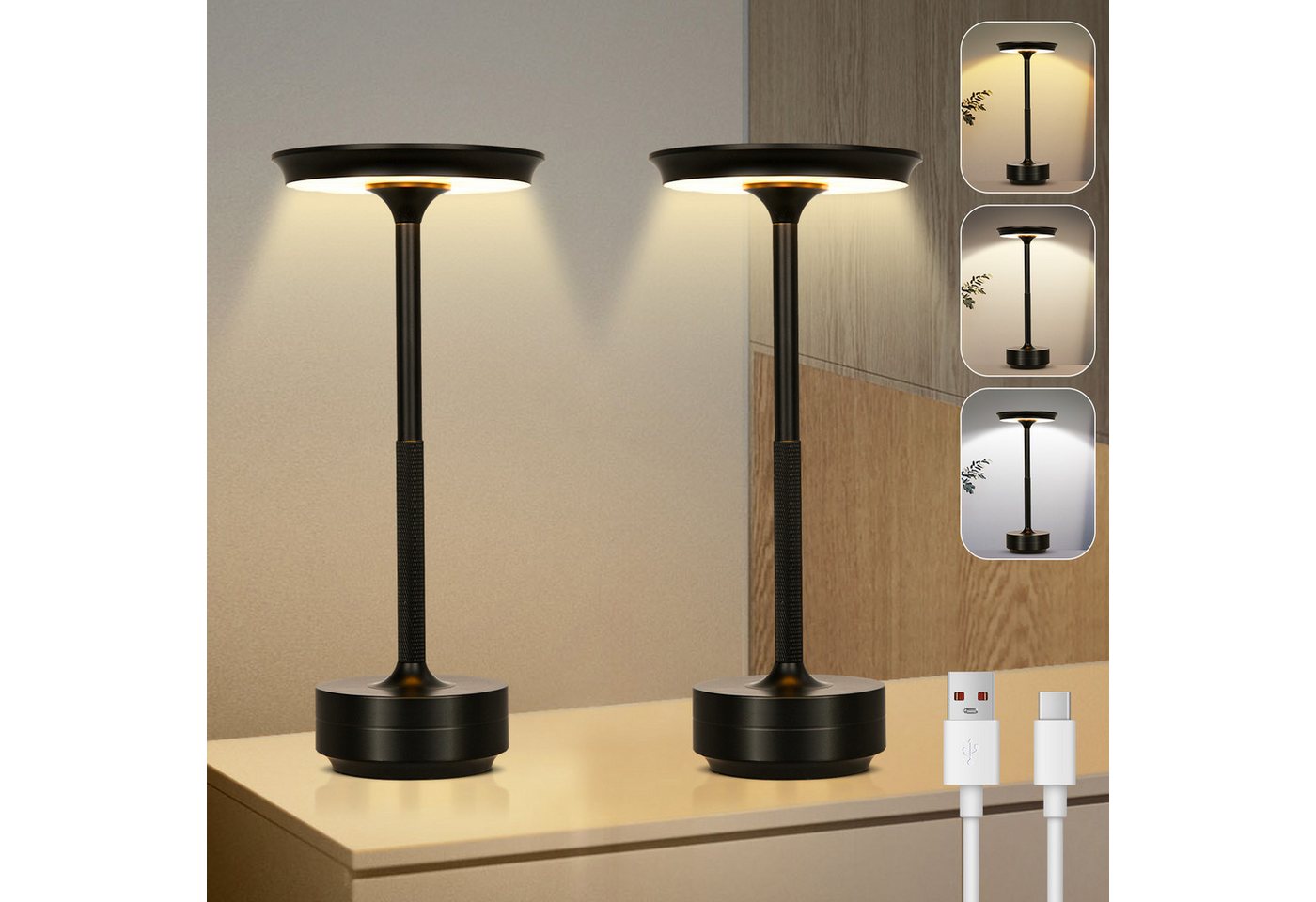 Rosnek LED Tischleuchte Tischlampe Kabellose Dimmbar Leseleuchte, USB Aufladbar, Wasserdichtes, Schwarz, LED fest integriert, Kaltweiß, Warmweiß, Naturweiß, mit Touch-Schalter Leicht Schreibtischlampe für Wohnzimmer Büro Bild 2