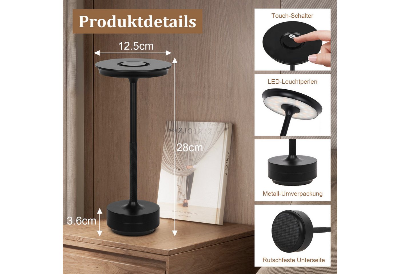Rosnek LED Tischleuchte Tischlampe Kabellose Dimmbar Leseleuchte, USB Aufladbar, Wasserdichtes, Schwarz, LED fest integriert, Kaltweiß, Warmweiß, Naturweiß, mit Touch-Schalter Leicht Schreibtischlampe für Wohnzimmer Büro Bild 3