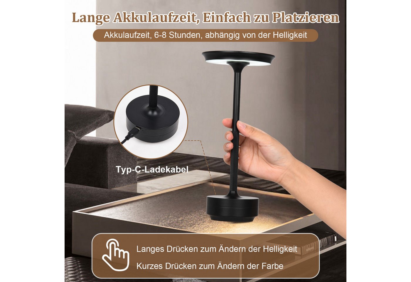 Rosnek LED Tischleuchte Tischlampe Kabellose Dimmbar Leseleuchte, USB Aufladbar, Wasserdichtes, Schwarz, LED fest integriert, Kaltweiß, Warmweiß, Naturweiß, mit Touch-Schalter Leicht Schreibtischlampe für Wohnzimmer Büro Bild 4