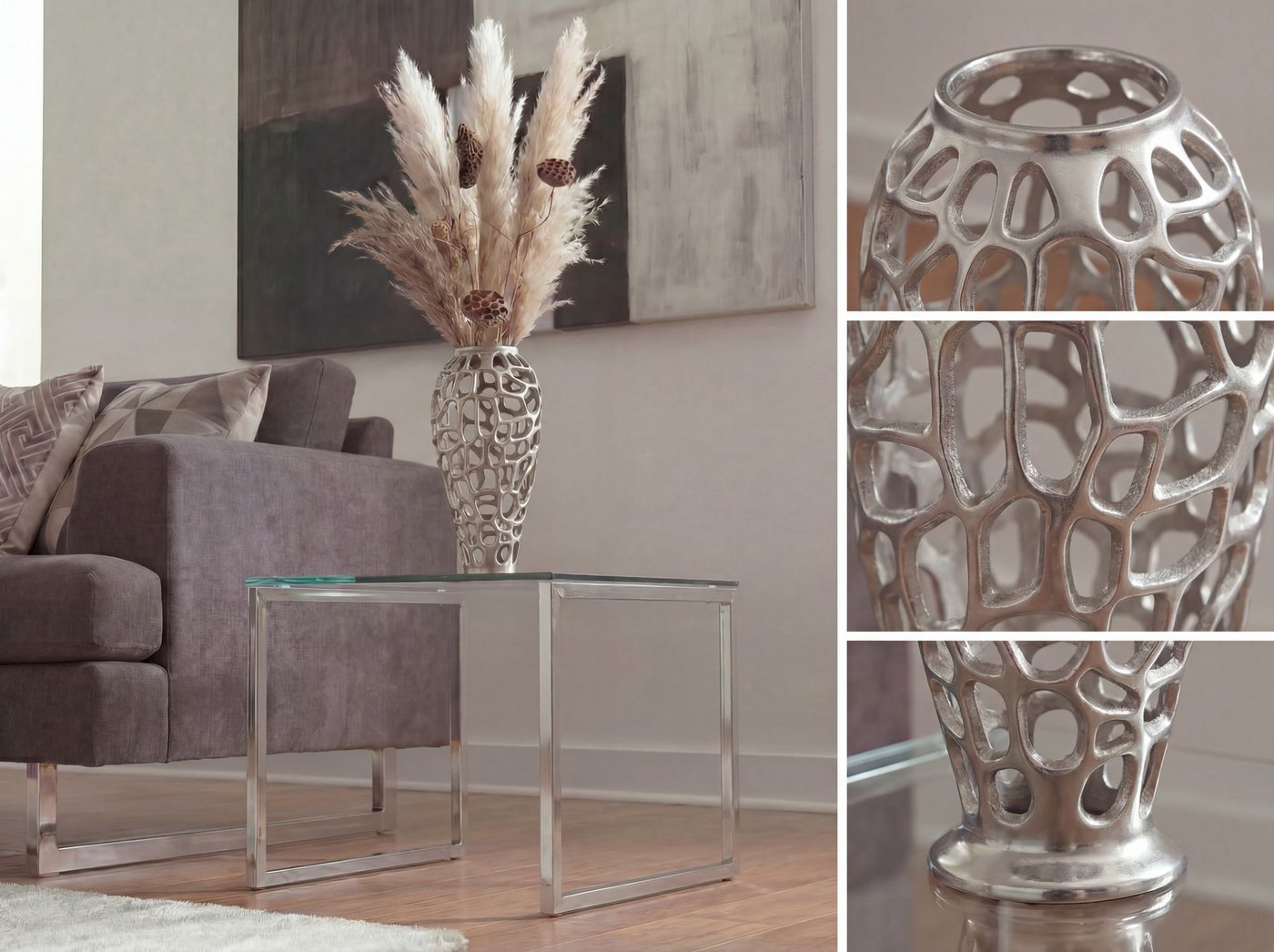 FINEBUY Bodenvase FB77218 Vase 45 cm Silber Standvase Blumenvase Wohndeko Groß (Skulpturale Dekovase für Trockenblumen und Zweige), Große Metallvase aus glänzendem Aluminium