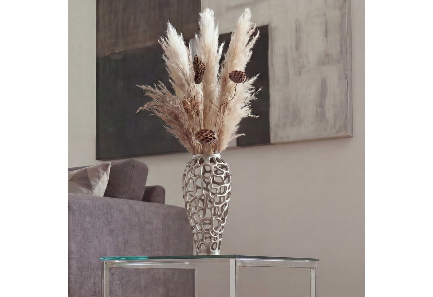 FINEBUY Bodenvase FB77218 Vase 45 cm Silber Standvase Blumenvase Wohndeko Groß (Skulpturale Dekovase für Trockenblumen und Zweige), Große Metallvase aus glänzendem Aluminium Bild 4