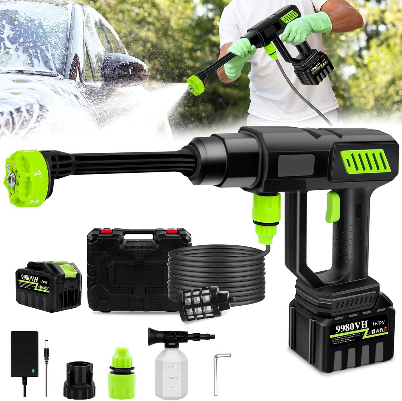 Futicare Akku-Hochdruckreiniger kabellos ideal für Fahrrad,Auto & Garten,kompakt & leicht,2x 24V Akku, Druck max: 100 bar, 6-in-1 Düse, effizient & schonend für Alltag Bild 2
