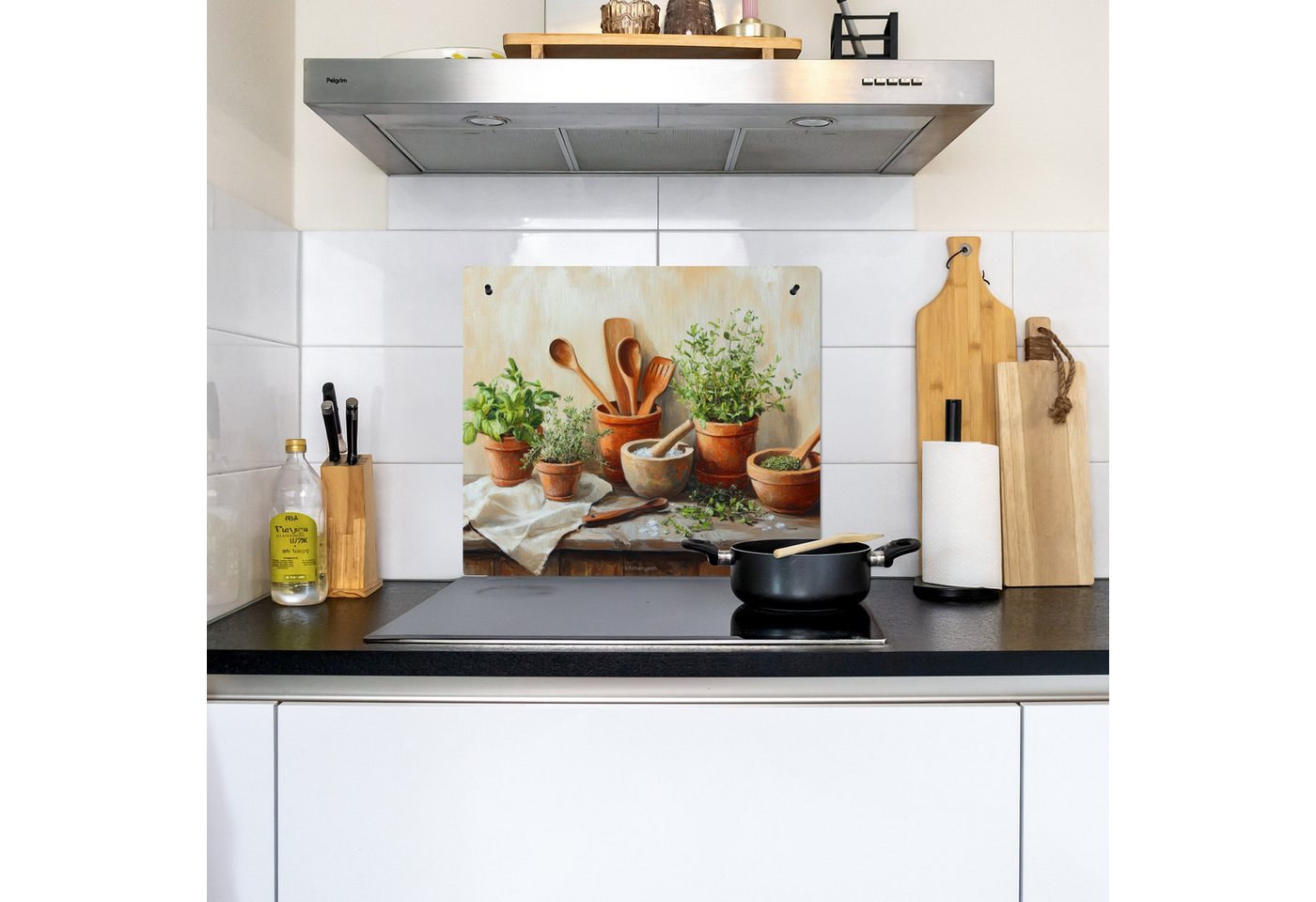 KitchenYeah Küchenrückwand Töpfe - Kräuter - Holz, (1-tlg), Ceranfeldabdeckung Küche, Herdabdeckplatte und Spritzschutz, 60x52 cm