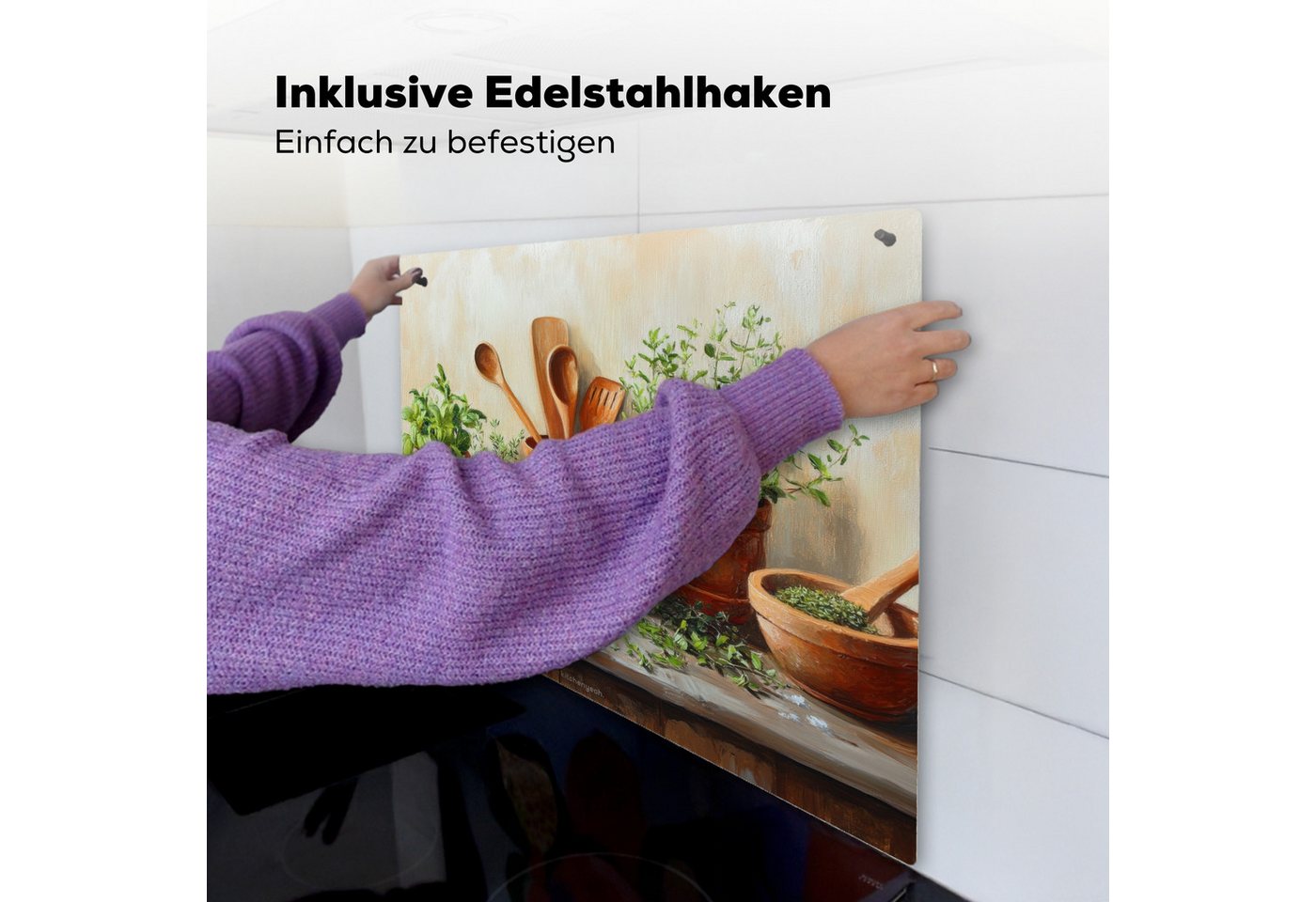 KitchenYeah Küchenrückwand Töpfe - Kräuter - Holz, (1-tlg), Ceranfeldabdeckung Küche, Herdabdeckplatte und Spritzschutz, 60x52 cm Bild 2