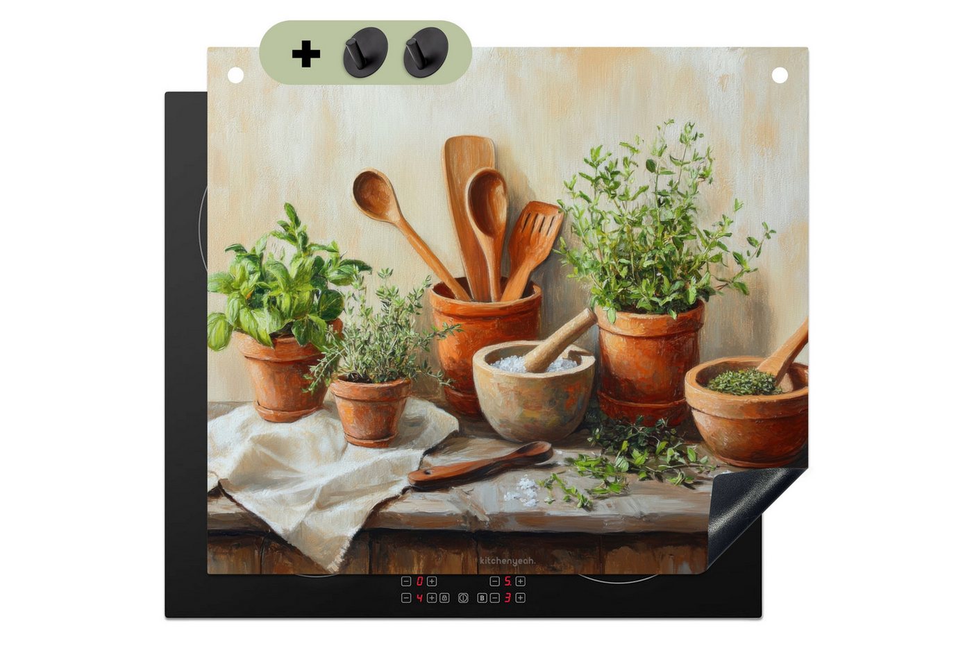 KitchenYeah Küchenr ückwand Töpfe - Kräuter - Holz, (1-tlg), Ceranfeldabdeckung Küche, Herdabdeckplatte und Spritzschutz, 60x52 cm Bild 3