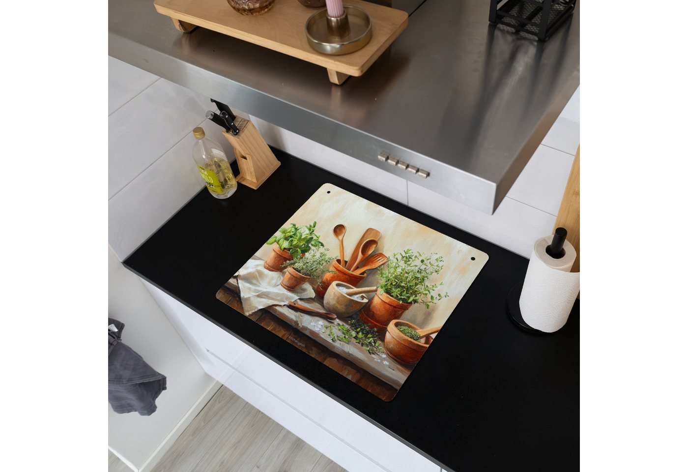 KitchenYeah Küchenrückwand Töpfe - Kräuter - Holz, (1-tlg), Ceranfeldabdeckung Küche, Herdabdeckplatte und Spritzschutz, 60x52 cm Bild 5