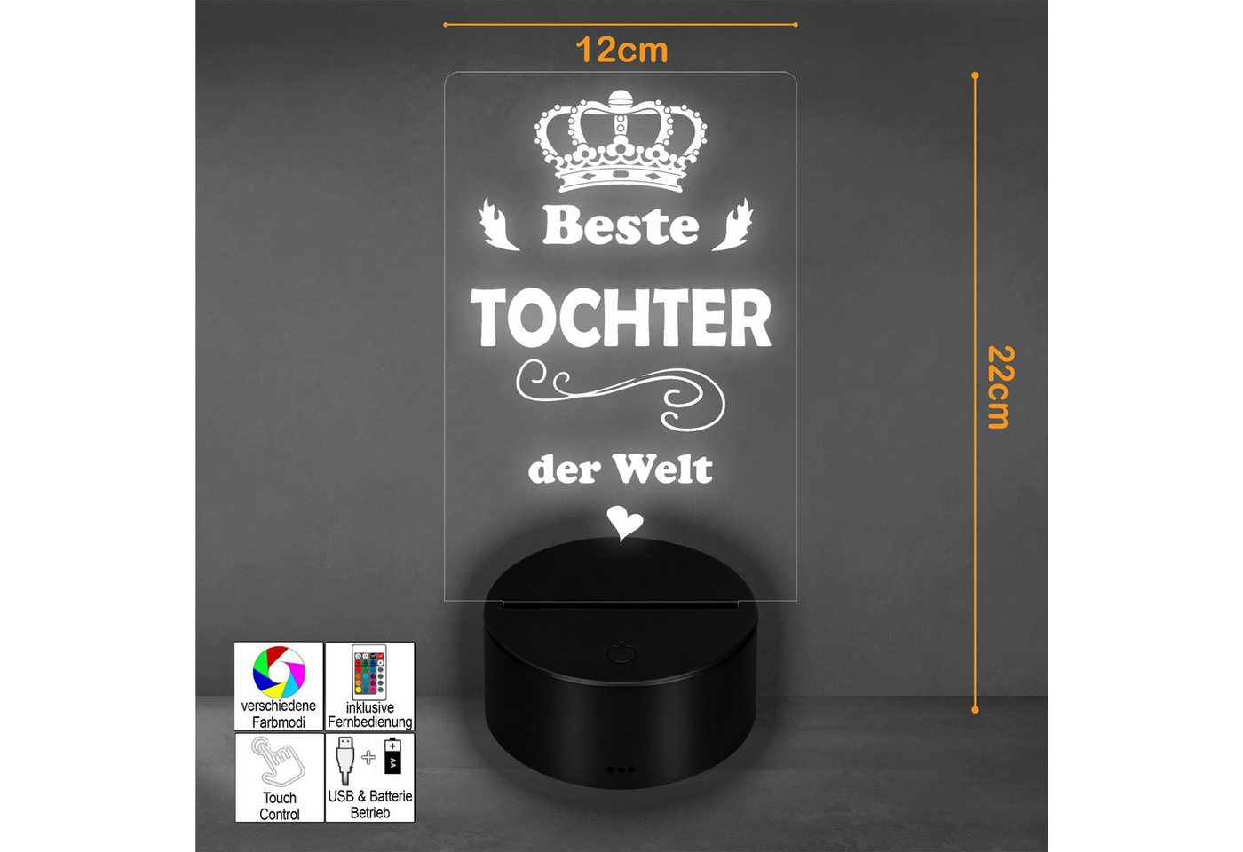 Lieblingsmensch LED Nachtlicht mit Gravur, Beste Tochter, Acryl-Lampe mit romantischem Spruch, LED fest integriert, Farbwechsel oder feste Farbe mit Fernbedienung & Touch, Dekolampe zur Hochzeit, Geburtstag, Verlobung & Jahrestag