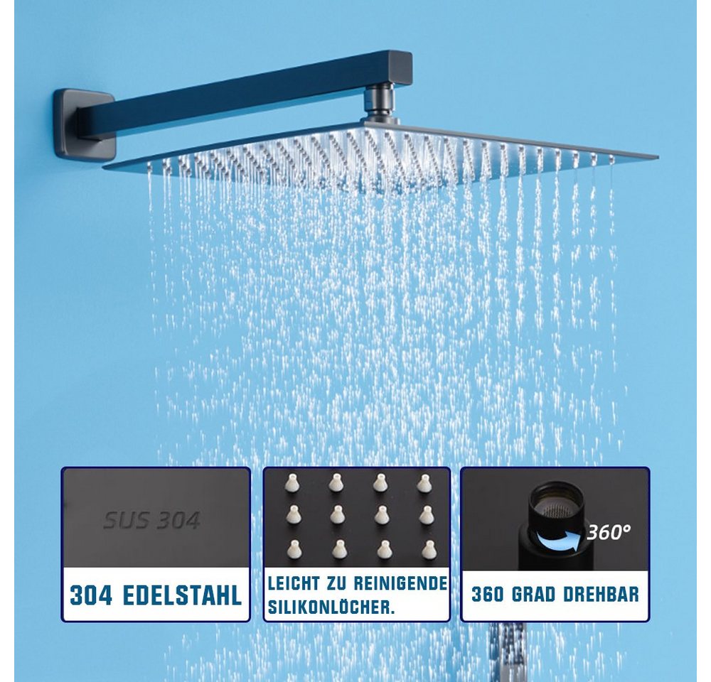 XERSEK Duschsystem Unterputz Duscharmatur Duschset 30x30cm Regendusche Komplettset, 2 Strahlart(en), mit Temperatur LCD Display, Messing & Edelstahl, 7 tlg., Keramik Ventilkern, 12" Kopfbrause Einstellbarer, Brausegarnitur mit Handbrause, Messingarmatur für Hochdruck