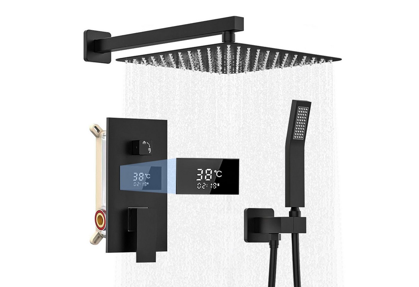XERSEK Duschsystem Unterputz Duscharmatur Duschset 30x30cm Regendusche Komplettset, 2 Strahlart(en), mit Temperatur LCD Display, Messing & Edelstahl, 7 tlg., Keramik Ventilkern, 12" Kopfbrause Einstellbarer, Brausegarnitur mit Handbrause, Messingarmatur für Hochdruck Bild 2