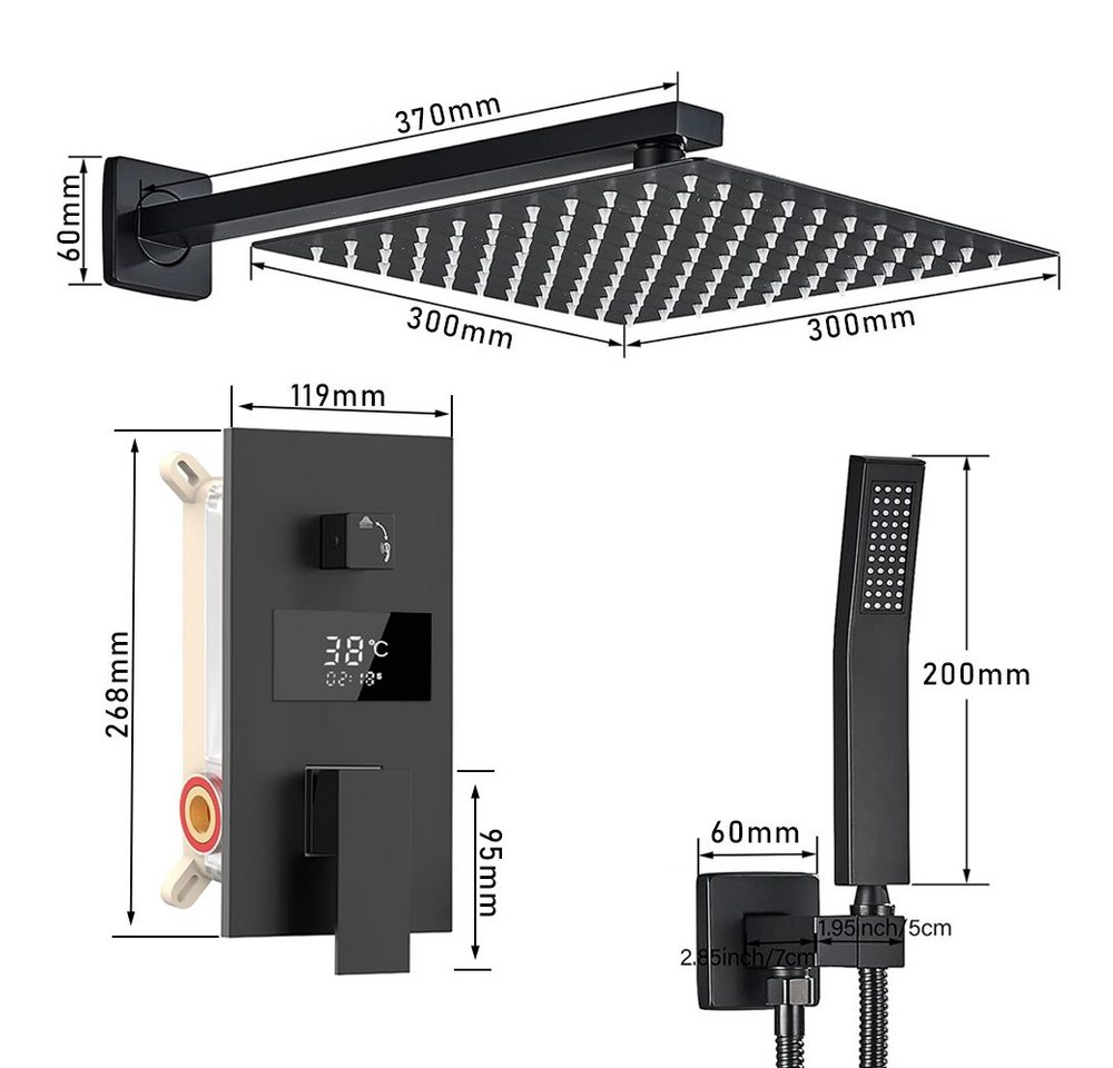 XERSEK Duschsystem Unterputz Duscharmatur Duschset 30x30cm Regendusche Komplettset, 2 Strahlart(en), mit Temperatur LCD Display, Messing & Edelstahl, 7 tlg., Keramik Ventilkern, 12" Kopfbrause Einstellbarer, Brausegarnitur mit Handbrause, Messingarmatur für Hochdruck Bild 4