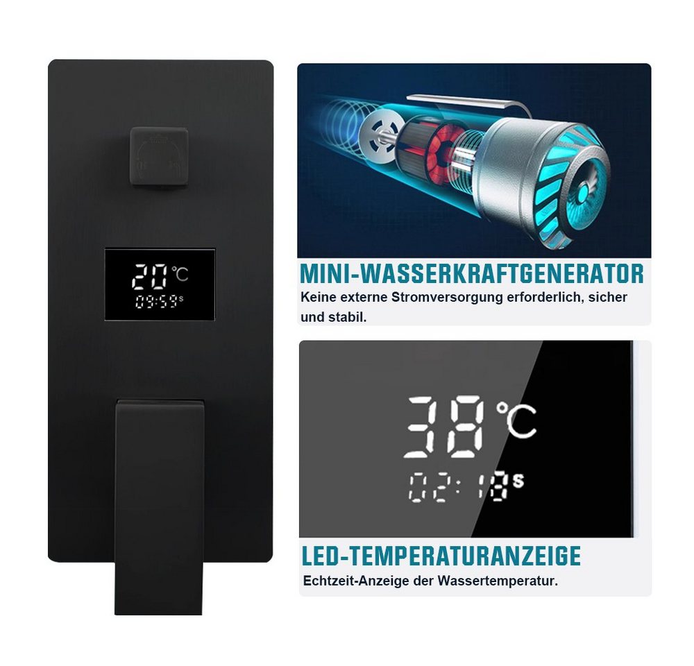 XERSEK Duschsystem Unterputz Duscharmatur Duschset 30x30cm Regendusche Komplettset, 2 Strahlart(en), mit Temperatur LCD Display, Messing & Edelstahl, 7 tlg., Keramik Ventilkern, 12" Kopfbrause Einstellbarer, Brausegarnitur mit Handbrause, Messingarmatur für Hochdruck Bild 5