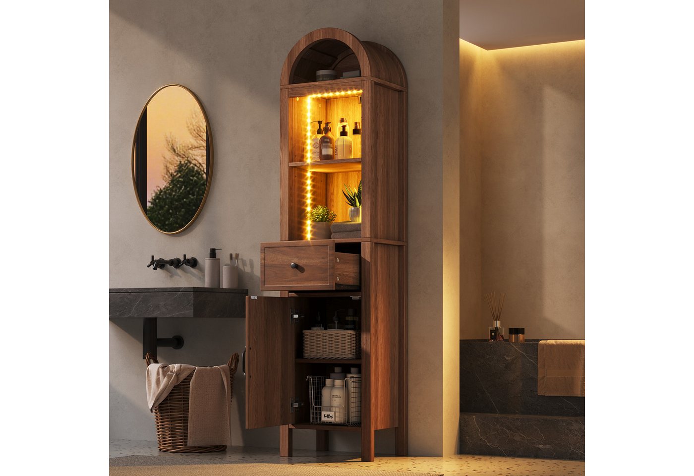 Flieks Badkommode schmal Hochschrank Bogenform mit LED-Beleuchtung, Schubladen (wendbare Tür Links-Rechts-Design, Magnetverschluss, Soft-Close-Funktion, 1 St., 40x30x163 cm, Multifunktionsschrank), Badezimmerschrank mit verstellbarer Einlegeböden Walnussholzfarbe Bild 2