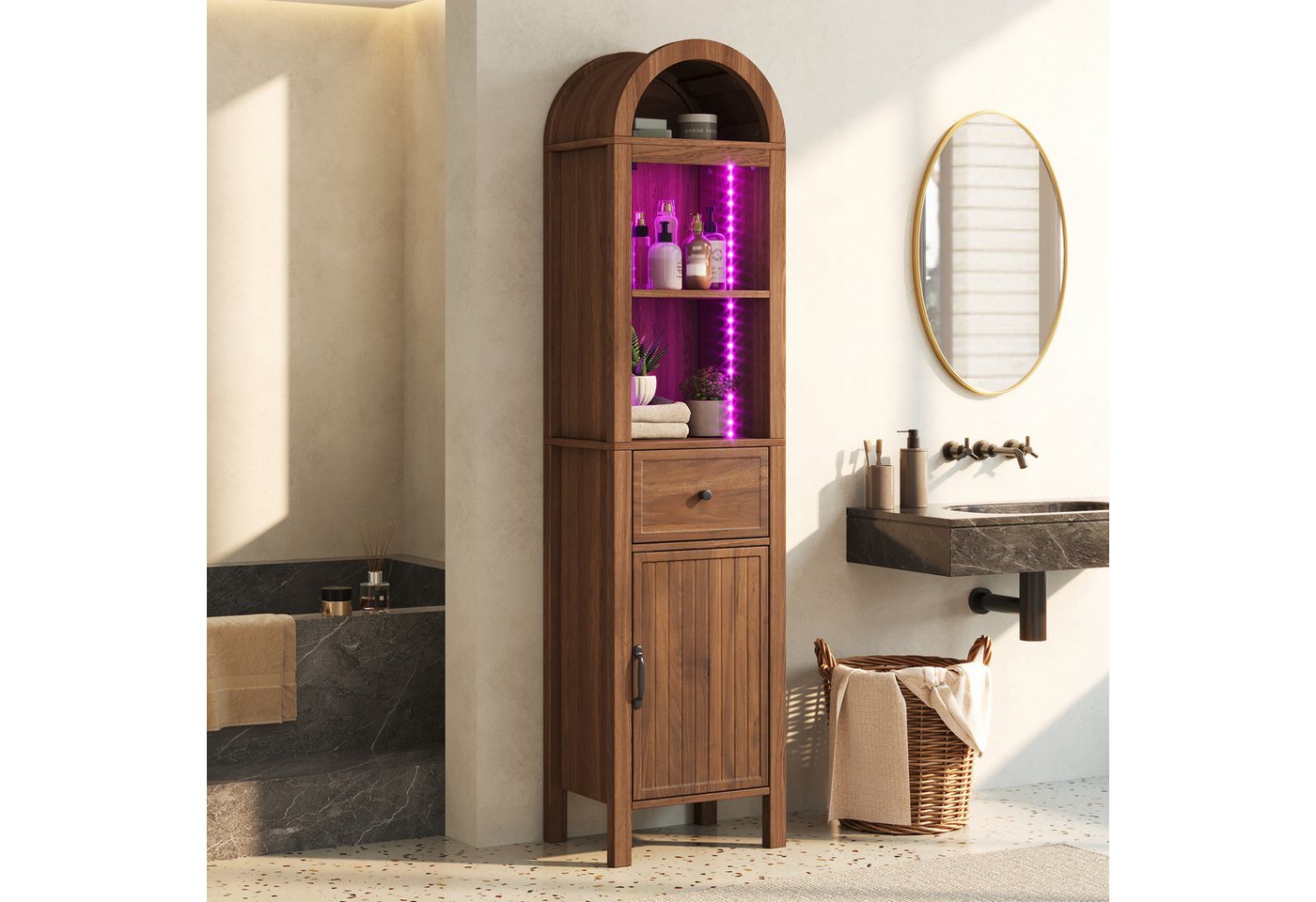 Flieks Badkommode schmal Hochschrank Bogenform mit LED-Beleuchtung, Schubladen (wendbare Tür Links-Rechts-Design, Magnetverschluss, Soft-Close-Funktion, 1 St., 40x30x163 cm, Multifunktionsschrank), Badezimmerschrank mit verstellbarer Einlegeböden Walnussholzfarbe Bild 3
