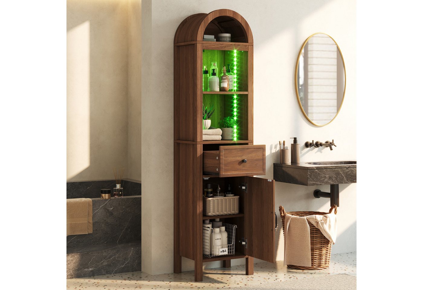 Flieks Badkommode schmal Hochschrank Bogenform mit LED-Beleuchtung, Schubladen (wendbare Tür Links-Rechts-Design, Magnetverschluss, Soft-Close-Funktion, 1 St., 40x30x163 cm, Multifunktionsschrank), Badezimmerschrank mit verstellbarer Einlegeböden Walnussholzfarbe Bild 4