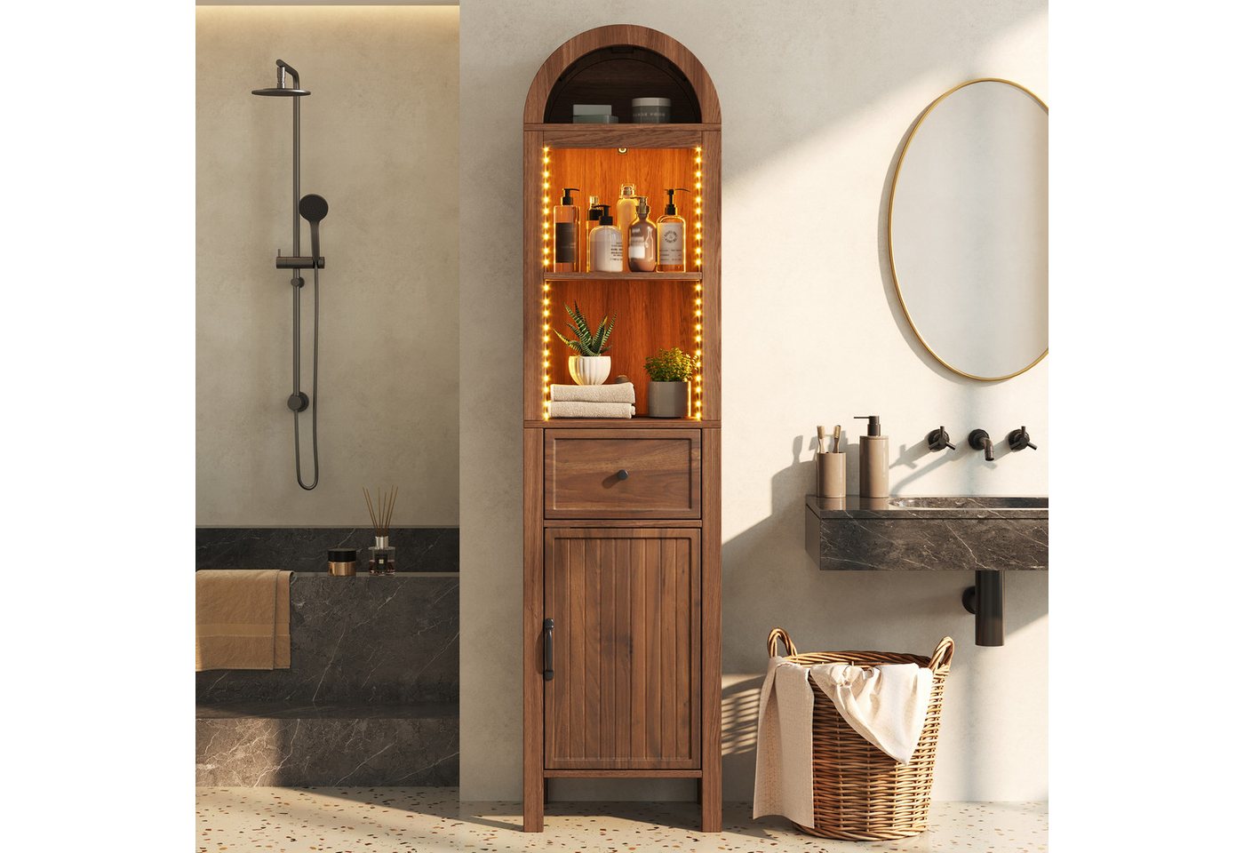 Flieks Badkommode schmal Hochschrank Bogenform mit LED-Beleuchtung, Schubladen (wendbare Tür Links-Rechts-Design, Magnetverschluss, Soft-Close-Funktion, 1 St., 40x30x163 cm, Multifunktionsschrank), Badezimmerschrank mit verstellbarer Einlegeböden Walnussholzfarbe Bild 5