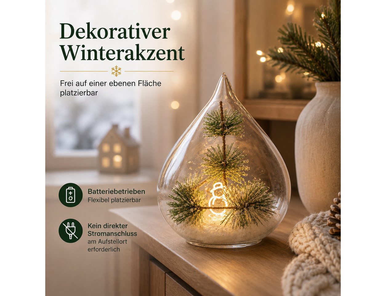 formano LED Dekolicht LED Weihnachtsdeko aus Glas, Schneemann-Tropfen mit Timer, 16 cm, LED fest integriert Bild 3