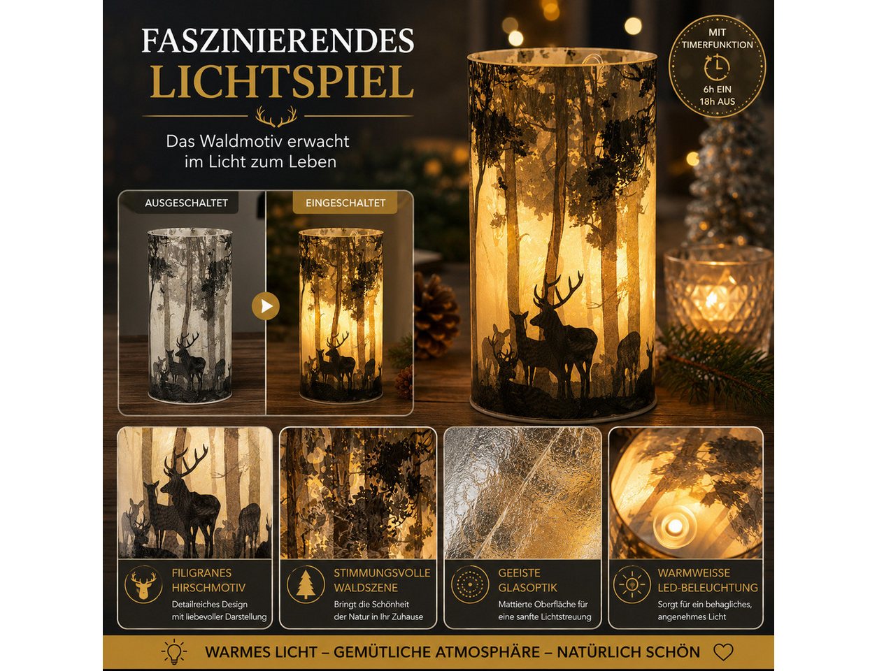 formano LED Dekolicht LED Deko Licht Winterdeko Leuchtglas mit Hirschmotiv mattes Glas 16cm, LED fest integriert