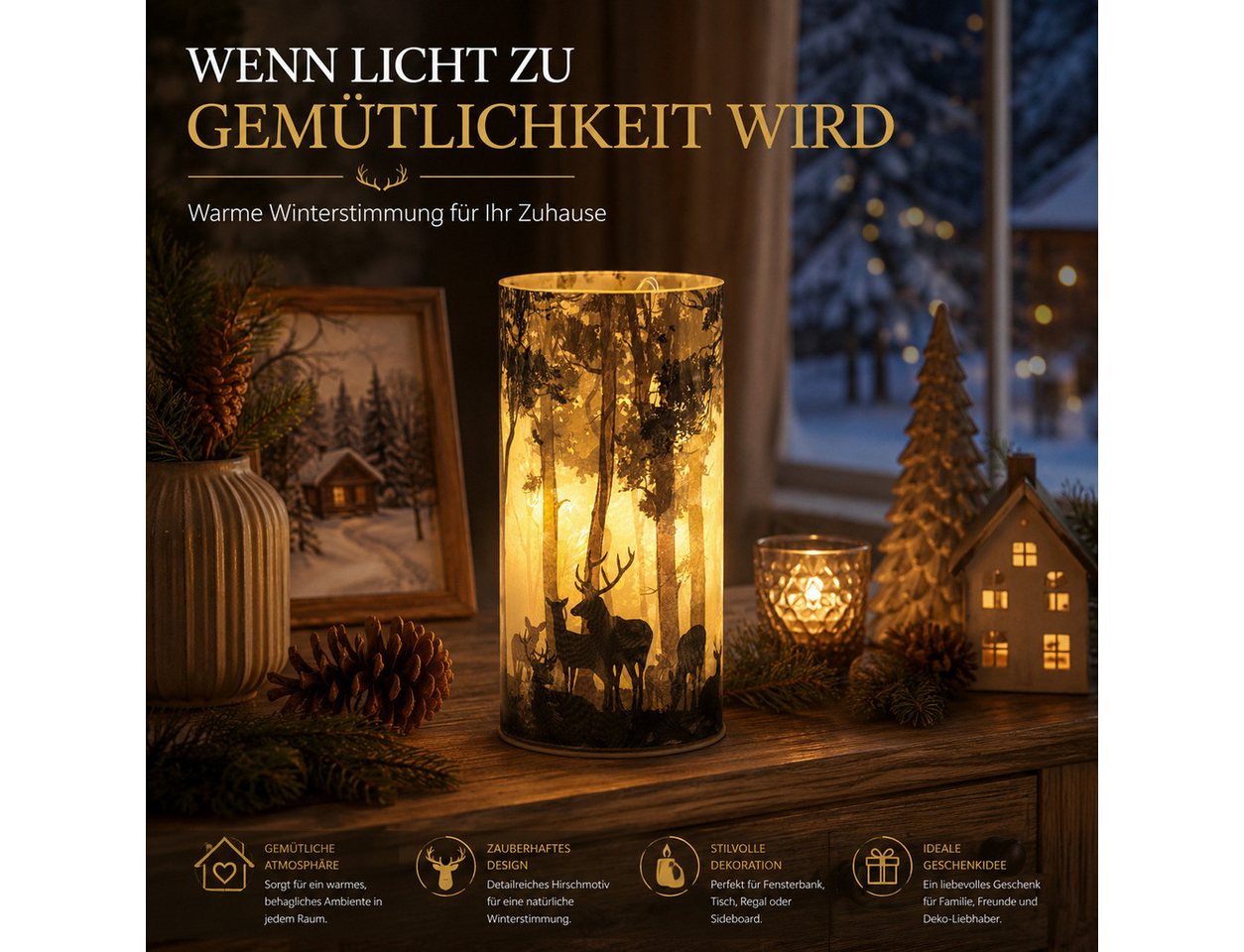 formano LED Dekolicht LED Deko Licht Winterdeko Leuchtglas mit Hirschmotiv mattes Glas 16cm, LED fest integriert Bild 5