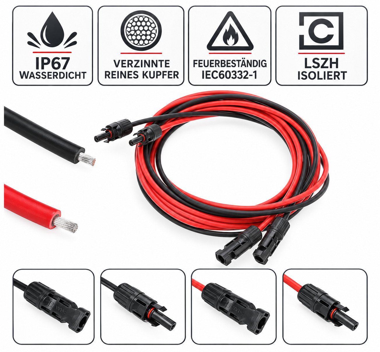 GLIESE Solarmodul Solarkabel 10m Schwarz & Rot – 10 AWG, IP67, für PV & Balkonkraftwerk, (1 x Solarmodul-Verlängerungskabel (10 m), 6 mm² PV-Kabel 10m – IP67, flexibel & wetterfest Bild 2