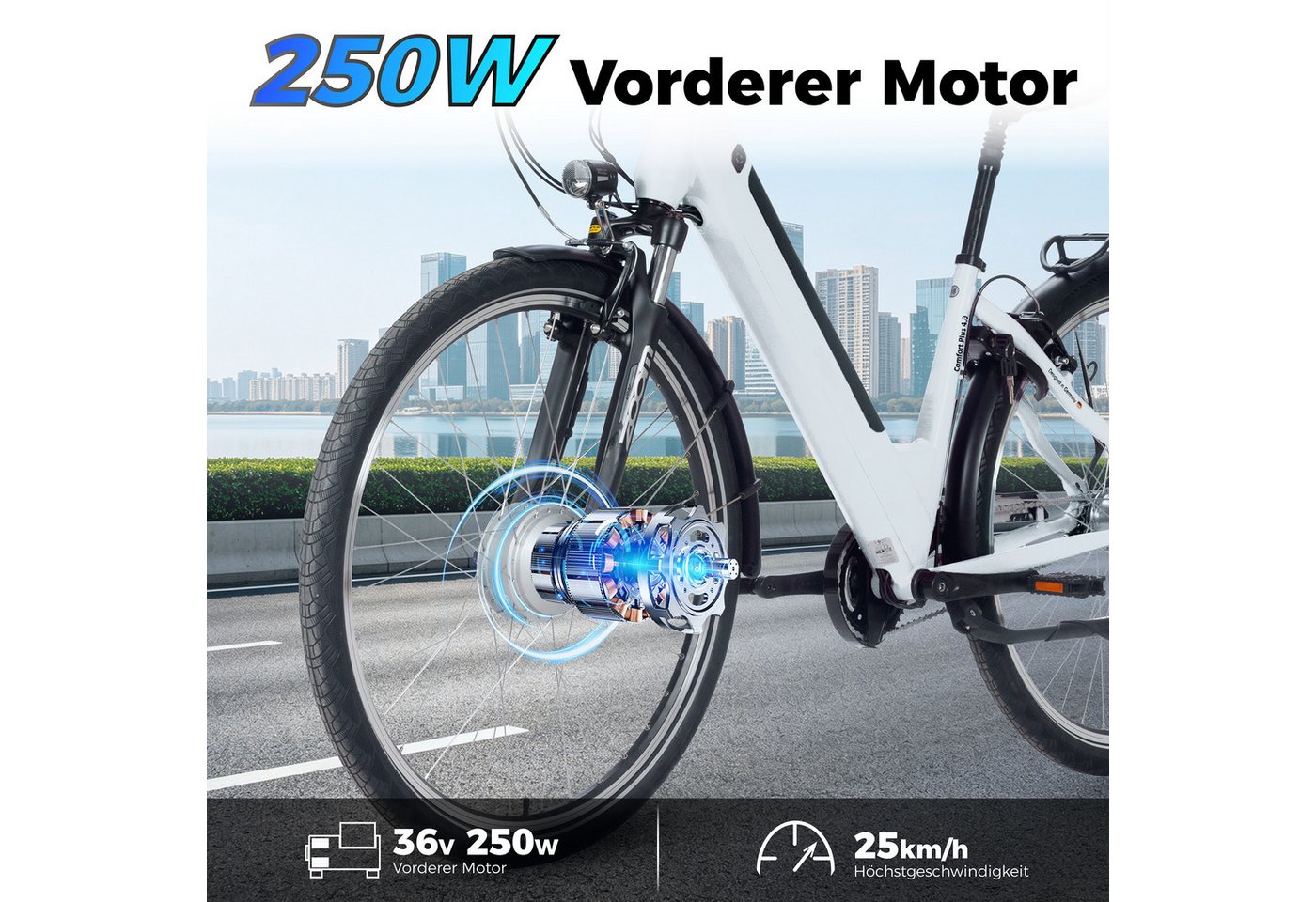 SAXXX E-Bike Cityrad 28 Zoll, max.90km, Federsattelstütze, Federgabel mit Lockout, V-Bremse, 7 Gang Shimano NEXUS Schaltwerk, Nabenschaltung, Frontmotor, 418 Wh, 5 Stufen, max. 130 kg, Pedelec, Elektrofahrrad für Damen und Herren Bild 2