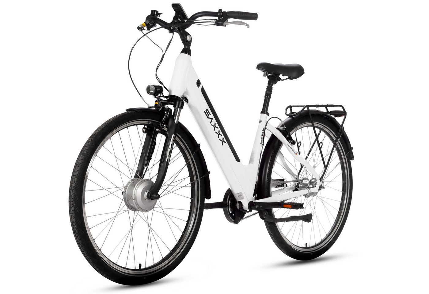 SAXXX E-Bike Cityrad 28 Zoll, max.90km, Federsattelstütze, Federgabel mit Lockout, V-Bremse, 7 Gang Shimano NEXUS Schaltwerk, Nabenschaltung, Frontmotor, 418 Wh, 5 Stufen, max. 130 kg, Pedelec, Elektrofahrrad für Damen und Herren Bild 4