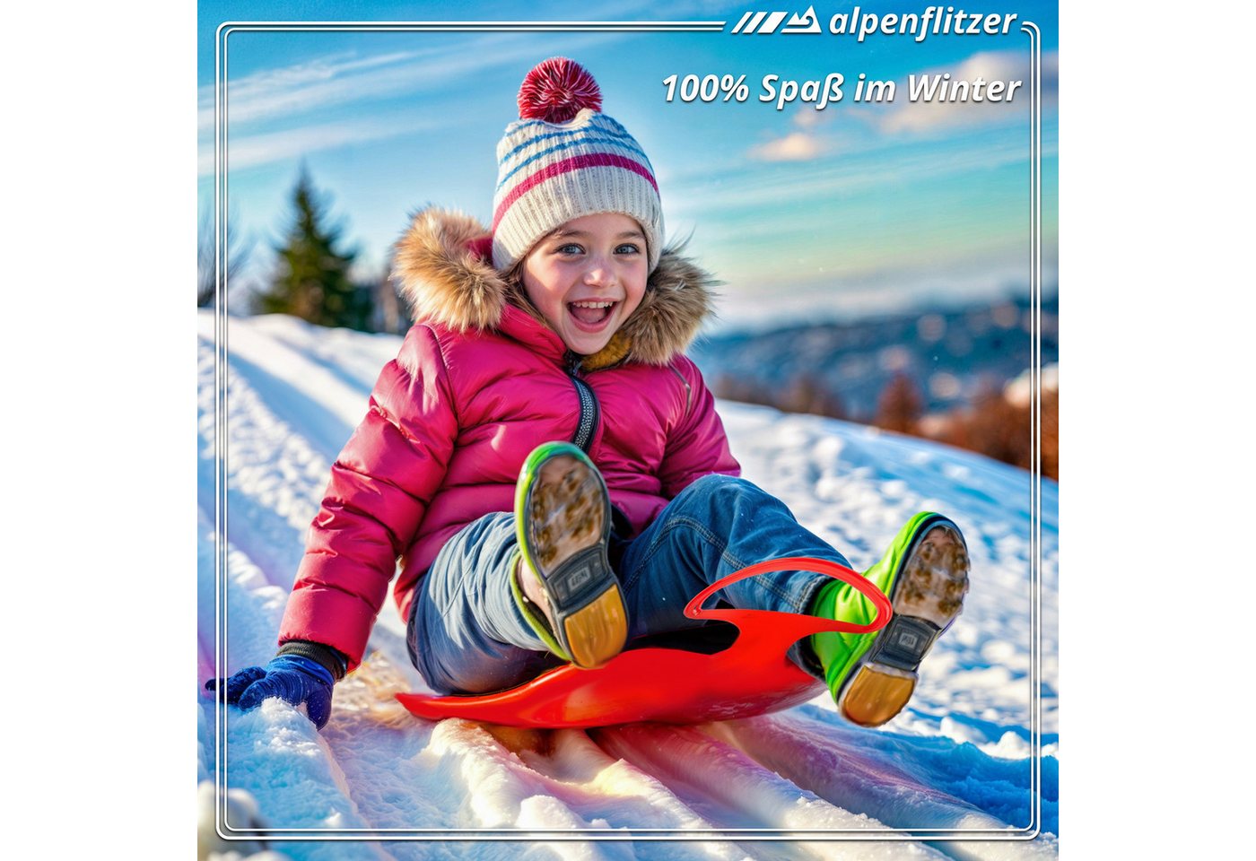 Alpenflitzer Schneerutscher ALPENFLITZER 2er Set Kinder Snow Sled-Poporutscher Schlitten mit Griff (Schlitten mit Griff, Schneerutscher Bob), 2er Set blau & rot